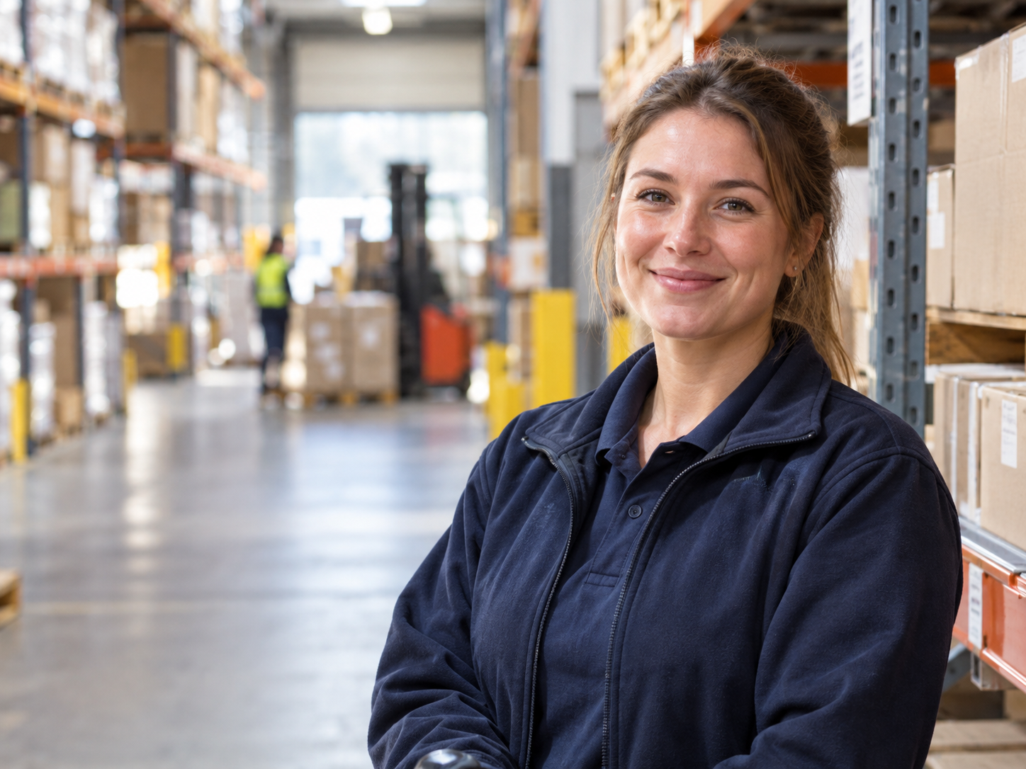 A warehouse professional in navy workwear